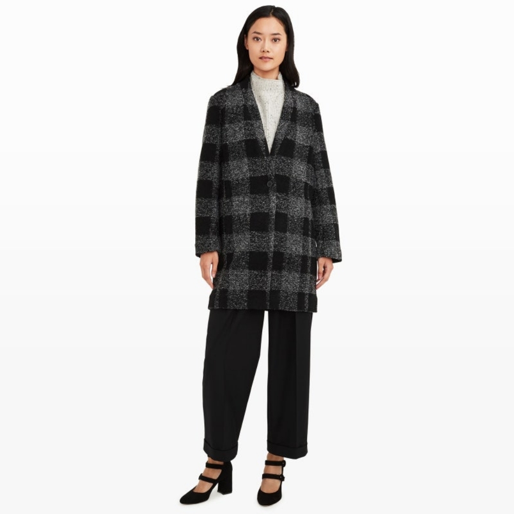 Club Monaco Japhia Wool Blend Black Gray Buffalo Plaid Elegant Long Jacket Coat